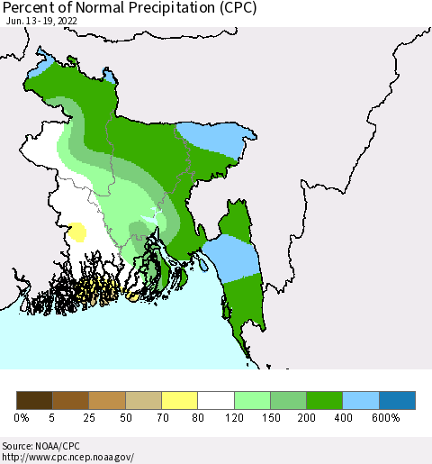 Bangladesh Percent of Normal Precipitation (CPC) Thematic Map For 6/13/2022 - 6/19/2022