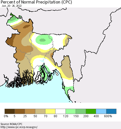 Bangladesh Percent of Normal Precipitation (CPC) Thematic Map For 6/20/2022 - 6/26/2022