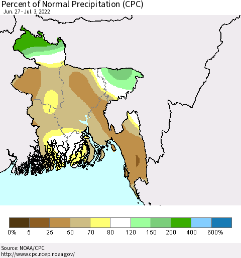 Bangladesh Percent of Normal Precipitation (CPC) Thematic Map For 6/27/2022 - 7/3/2022