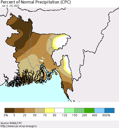 Bangladesh Percent of Normal Precipitation (CPC) Thematic Map For 7/4/2022 - 7/10/2022