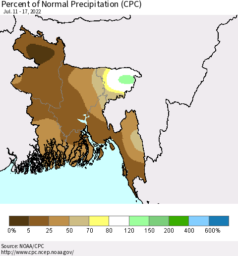 Bangladesh Percent of Normal Precipitation (CPC) Thematic Map For 7/11/2022 - 7/17/2022