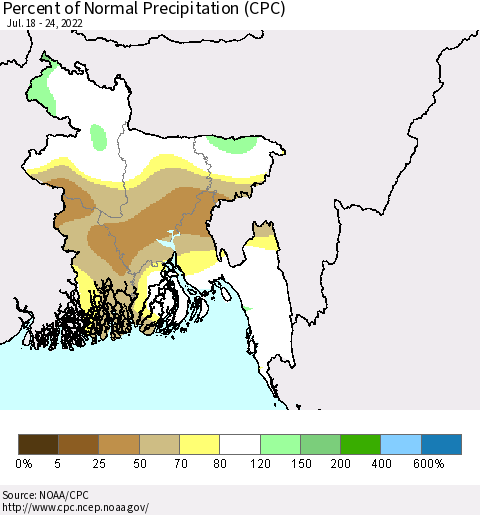 Bangladesh Percent of Normal Precipitation (CPC) Thematic Map For 7/18/2022 - 7/24/2022