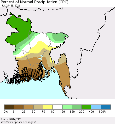 Bangladesh Percent of Normal Precipitation (CPC) Thematic Map For 7/25/2022 - 7/31/2022