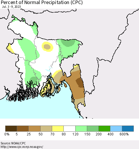Bangladesh Percent of Normal Precipitation (CPC) Thematic Map For 7/3/2023 - 7/9/2023