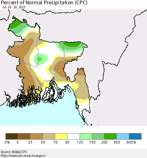 Bangladesh Percent of Normal Precipitation (CPC) Thematic Map For 7/10/2023 - 7/16/2023