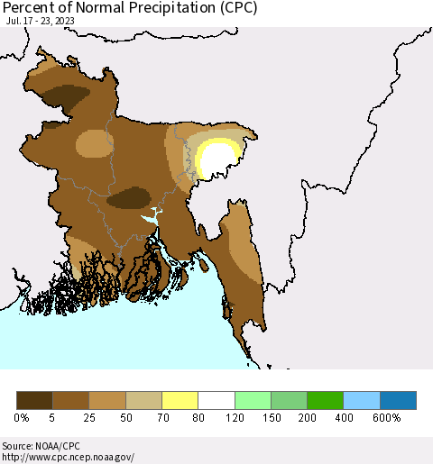 Bangladesh Percent of Normal Precipitation (CPC) Thematic Map For 7/17/2023 - 7/23/2023
