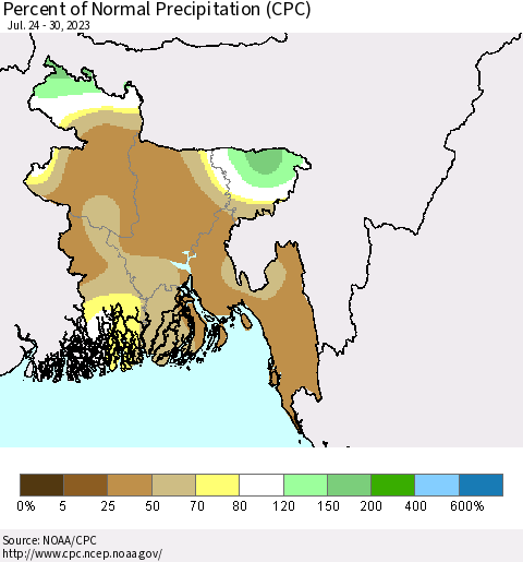 Bangladesh Percent of Normal Precipitation (CPC) Thematic Map For 7/24/2023 - 7/30/2023