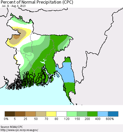 Bangladesh Percent of Normal Precipitation (CPC) Thematic Map For 7/31/2023 - 8/6/2023