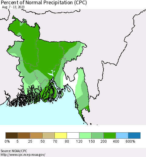 Bangladesh Percent of Normal Precipitation (CPC) Thematic Map For 8/7/2023 - 8/13/2023