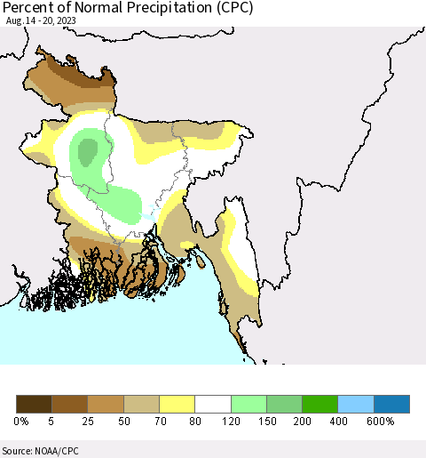 Bangladesh Percent of Normal Precipitation (CPC) Thematic Map For 8/14/2023 - 8/20/2023