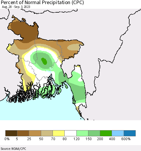 Bangladesh Percent of Normal Precipitation (CPC) Thematic Map For 8/28/2023 - 9/3/2023