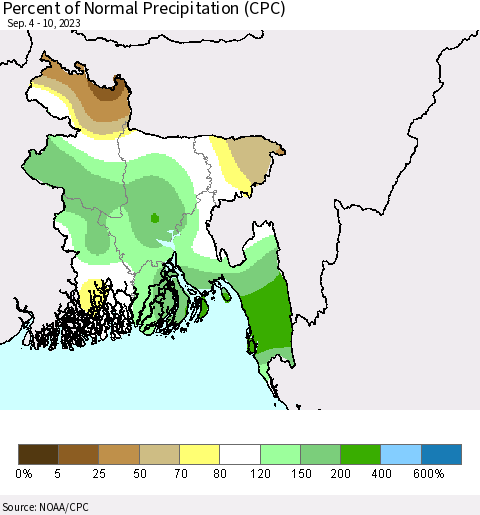 Bangladesh Percent of Normal Precipitation (CPC) Thematic Map For 9/4/2023 - 9/10/2023
