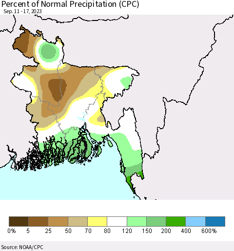 Bangladesh Percent of Normal Precipitation (CPC) Thematic Map For 9/11/2023 - 9/17/2023