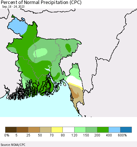 Bangladesh Percent of Normal Precipitation (CPC) Thematic Map For 9/18/2023 - 9/24/2023