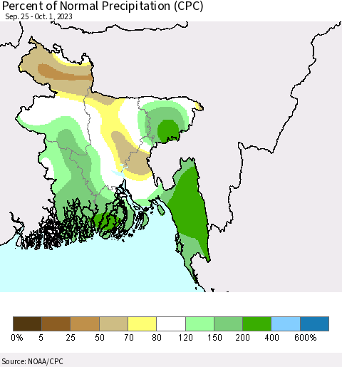 Bangladesh Percent of Normal Precipitation (CPC) Thematic Map For 9/25/2023 - 10/1/2023