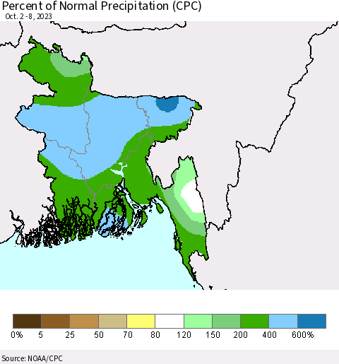 Bangladesh Percent of Normal Precipitation (CPC) Thematic Map For 10/2/2023 - 10/8/2023
