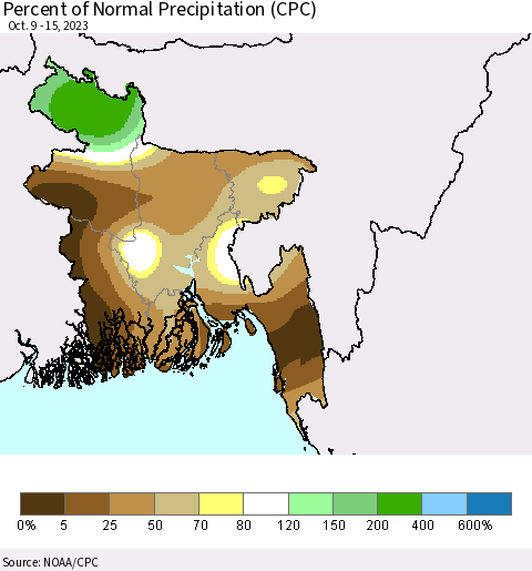 Bangladesh Percent of Normal Precipitation (CPC) Thematic Map For 10/9/2023 - 10/15/2023
