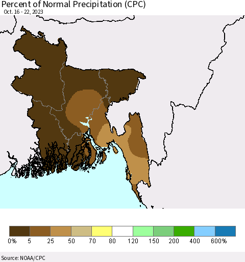 Bangladesh Percent of Normal Precipitation (CPC) Thematic Map For 10/16/2023 - 10/22/2023