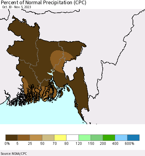 Bangladesh Percent of Normal Precipitation (CPC) Thematic Map For 10/30/2023 - 11/5/2023