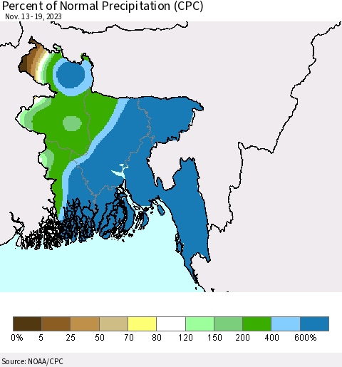 Bangladesh Percent of Normal Precipitation (CPC) Thematic Map For 11/13/2023 - 11/19/2023