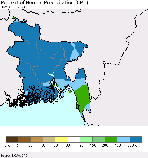 Bangladesh Percent of Normal Precipitation (CPC) Thematic Map For 12/4/2023 - 12/10/2023