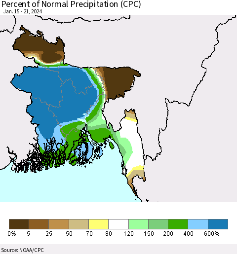 Bangladesh Percent of Normal Precipitation (CPC) Thematic Map For 1/15/2024 - 1/21/2024