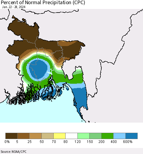 Bangladesh Percent of Normal Precipitation (CPC) Thematic Map For 1/22/2024 - 1/28/2024