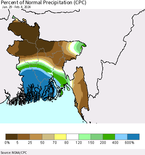 Bangladesh Percent of Normal Precipitation (CPC) Thematic Map For 1/29/2024 - 2/4/2024
