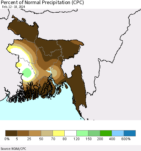 Bangladesh Percent of Normal Precipitation (CPC) Thematic Map For 2/12/2024 - 2/18/2024