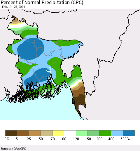Bangladesh Percent of Normal Precipitation (CPC) Thematic Map For 2/19/2024 - 2/25/2024