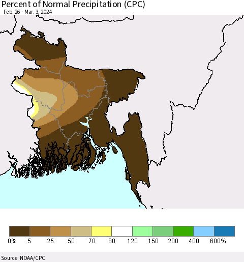 Bangladesh Percent of Normal Precipitation (CPC) Thematic Map For 2/26/2024 - 3/3/2024