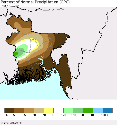 Bangladesh Percent of Normal Precipitation (CPC) Thematic Map For 3/4/2024 - 3/10/2024
