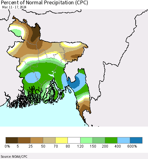 Bangladesh Percent of Normal Precipitation (CPC) Thematic Map For 3/11/2024 - 3/17/2024