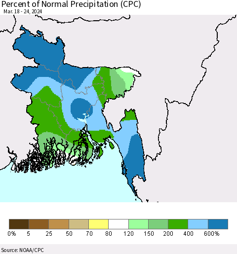 Bangladesh Percent of Normal Precipitation (CPC) Thematic Map For 3/18/2024 - 3/24/2024