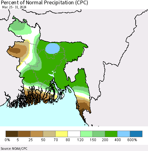 Bangladesh Percent of Normal Precipitation (CPC) Thematic Map For 3/25/2024 - 3/31/2024