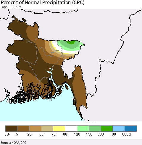 Bangladesh Percent of Normal Precipitation (CPC) Thematic Map For 4/1/2024 - 4/7/2024