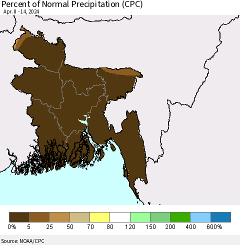 Bangladesh Percent of Normal Precipitation (CPC) Thematic Map For 4/8/2024 - 4/14/2024