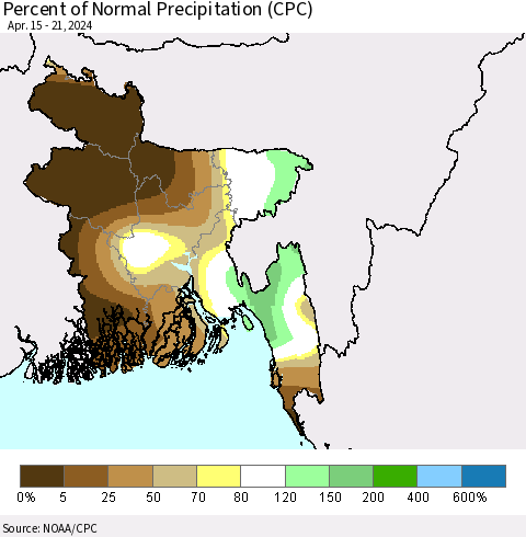 Bangladesh Percent of Normal Precipitation (CPC) Thematic Map For 4/15/2024 - 4/21/2024