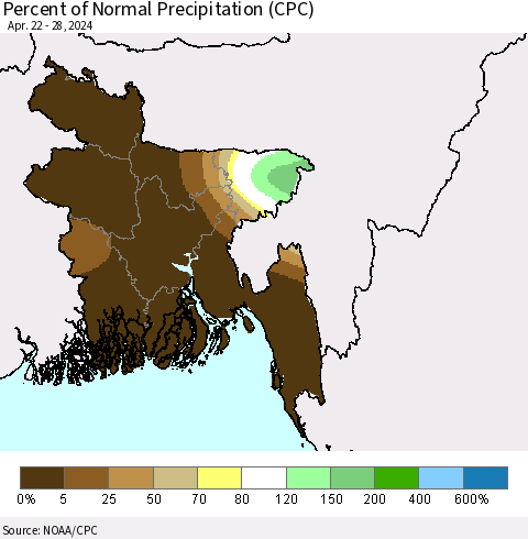 Bangladesh Percent of Normal Precipitation (CPC) Thematic Map For 4/22/2024 - 4/28/2024
