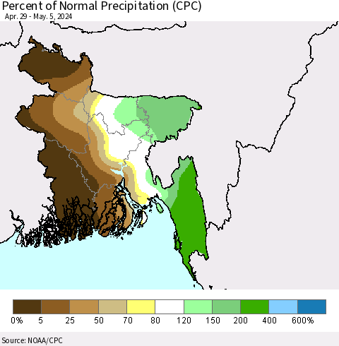 Bangladesh Percent of Normal Precipitation (CPC) Thematic Map For 4/29/2024 - 5/5/2024