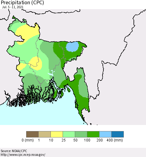 Bangladesh Precipitation (CPC) Thematic Map For 7/5/2021 - 7/11/2021