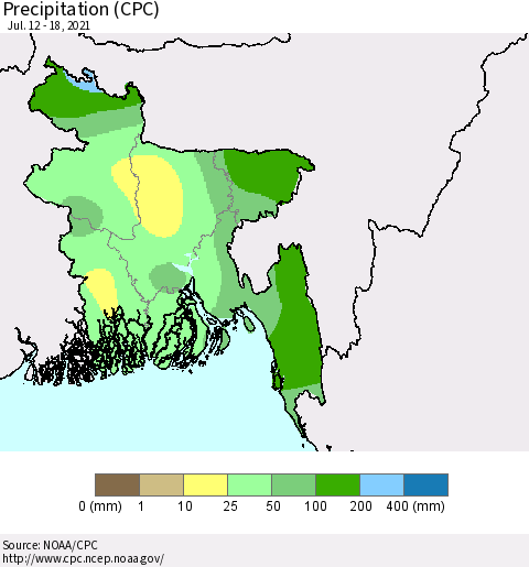 Bangladesh Precipitation (CPC) Thematic Map For 7/12/2021 - 7/18/2021