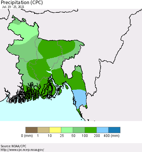 Bangladesh Precipitation (CPC) Thematic Map For 7/19/2021 - 7/25/2021