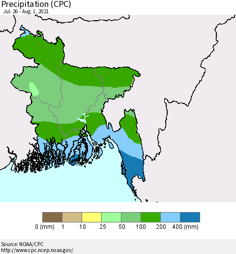 Bangladesh Precipitation (CPC) Thematic Map For 7/26/2021 - 8/1/2021