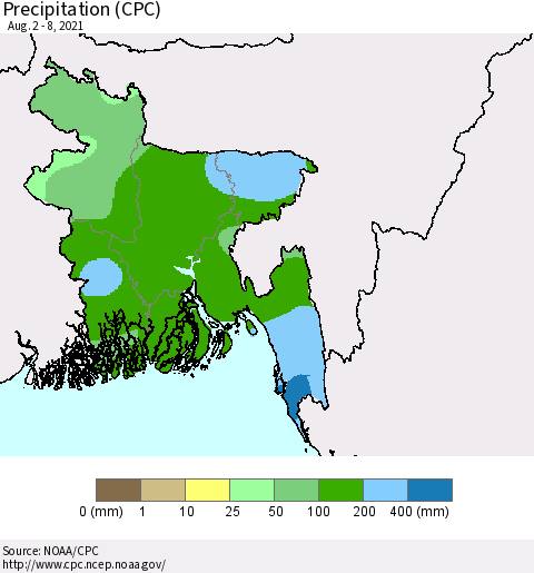 Bangladesh Precipitation (CPC) Thematic Map For 8/2/2021 - 8/8/2021