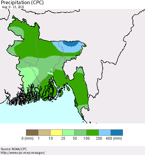 Bangladesh Precipitation (CPC) Thematic Map For 8/9/2021 - 8/15/2021
