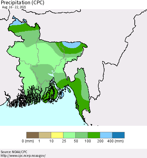 Bangladesh Precipitation (CPC) Thematic Map For 8/16/2021 - 8/22/2021