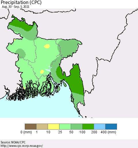 Bangladesh Precipitation (CPC) Thematic Map For 8/30/2021 - 9/5/2021
