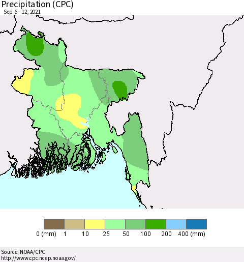 Bangladesh Precipitation (CPC) Thematic Map For 9/6/2021 - 9/12/2021