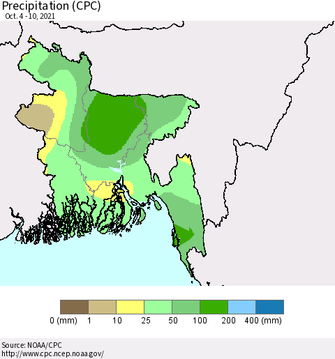 Bangladesh Precipitation (CPC) Thematic Map For 10/4/2021 - 10/10/2021